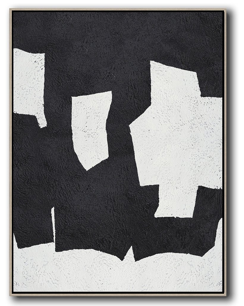 Hand-Painted Black And White Minimal Painting On Canvas - Inexpensive Canvas Prints Guest Room Large